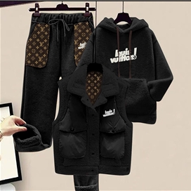 ست 3 تکه زنانه هودی، شلوار و پافر لویی ویتون LV